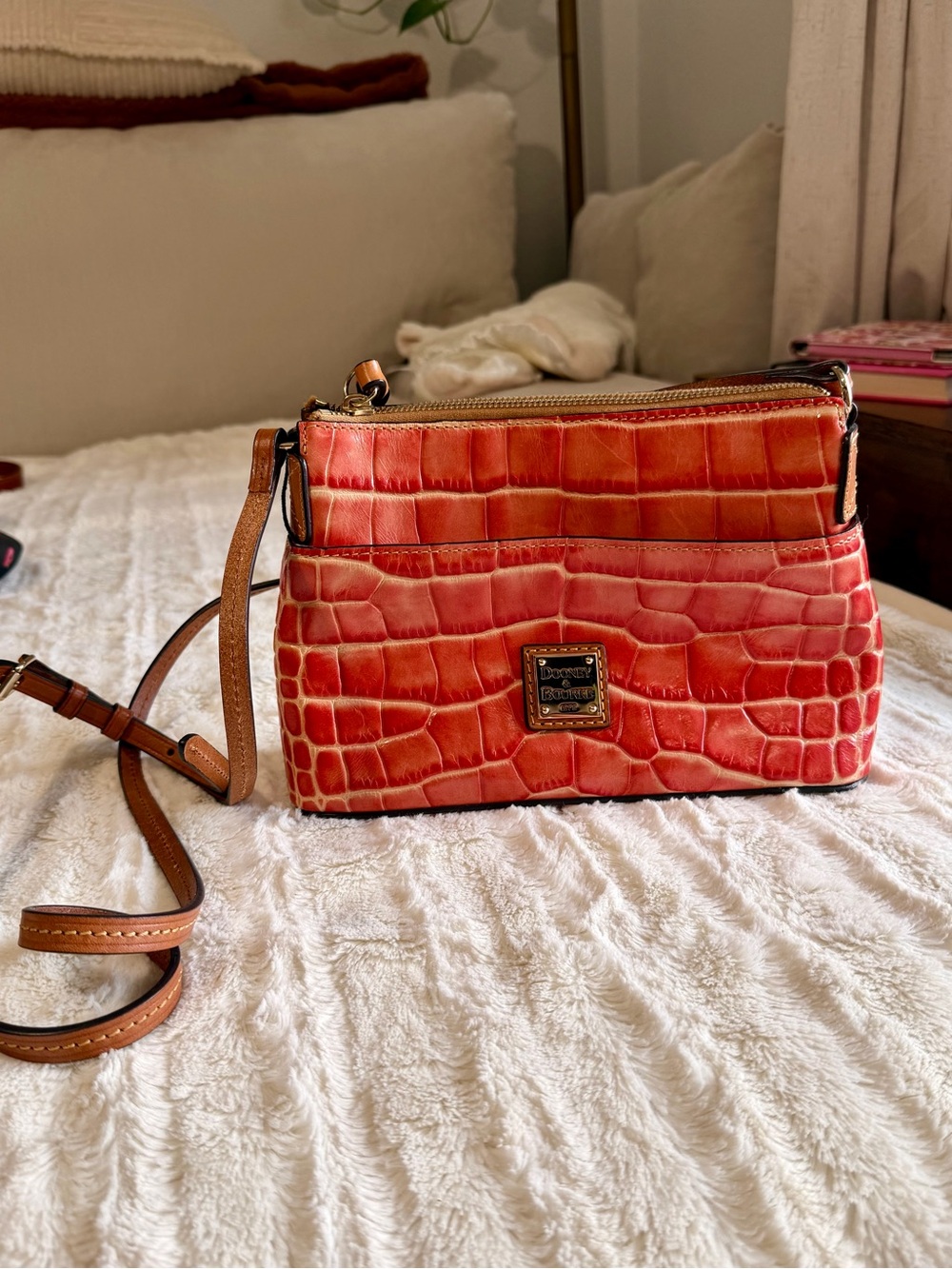 Dooney & Bourke Coral Red Croc-Embossed Crossbody with Tan Strap